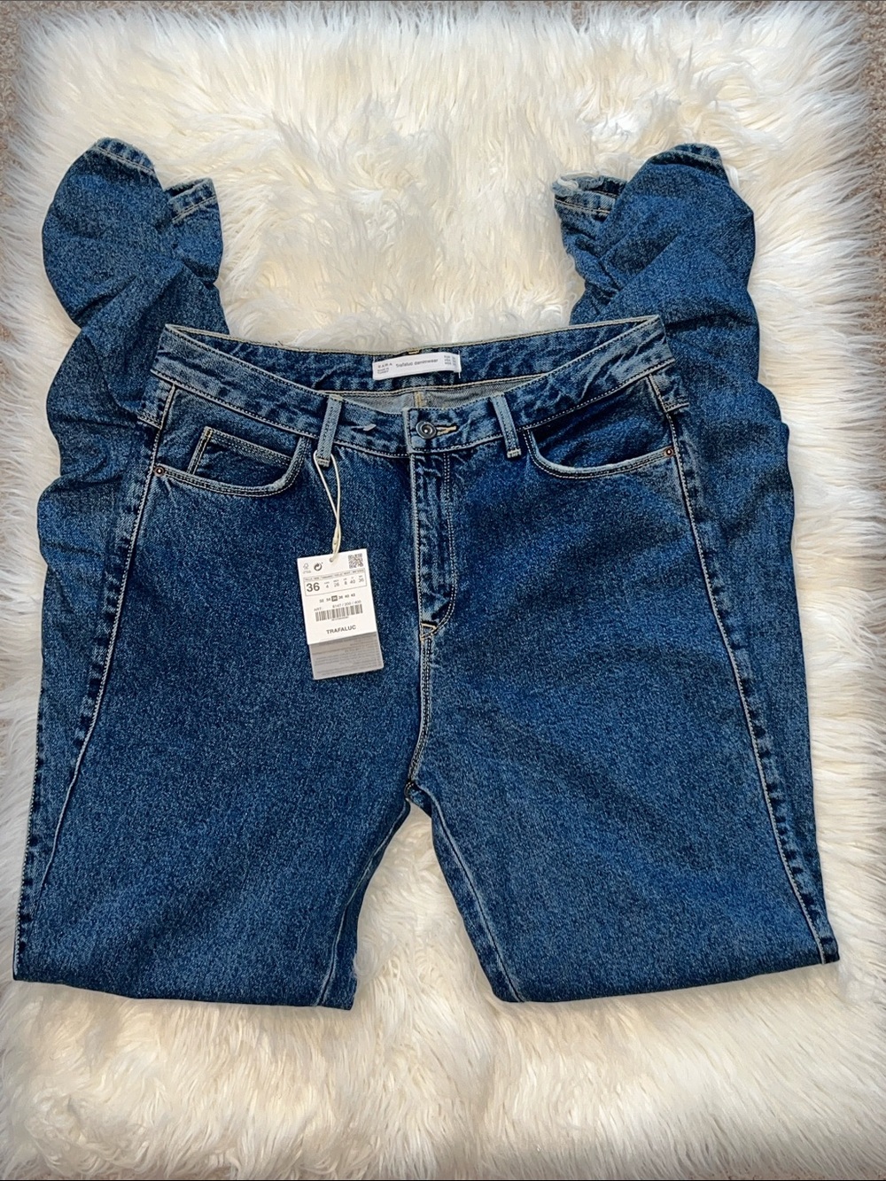 Zara Dark Blue High-Rise Ruffle Hem Jeans